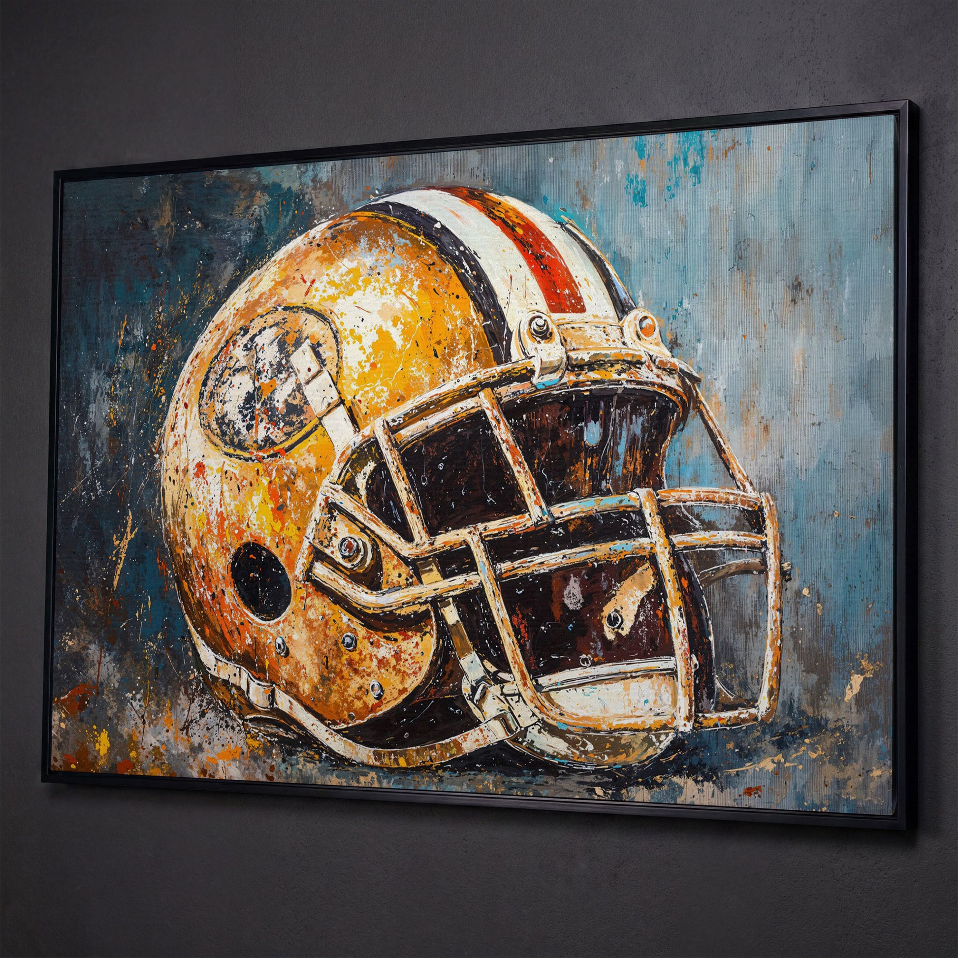 Football Helmet Canvas Print in Mustard & Teal shown in black floating frame