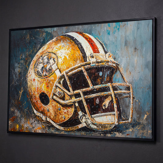 Football Helmet Canvas Print in Mustard & Teal shown in black floating frame