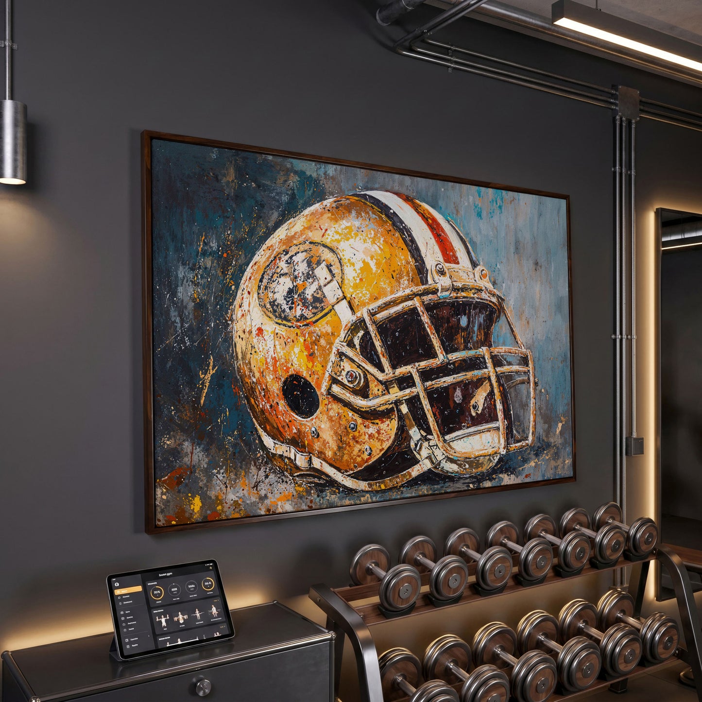 Football Helmet Canvas Print in Mustard & Teal in dark walnut floating frame