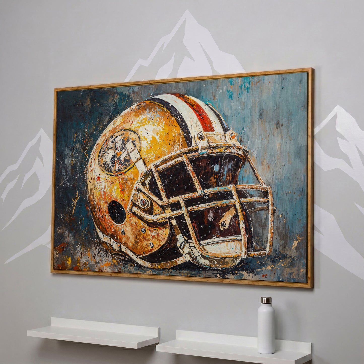 Football Helmet Canvas Print in Mustard & Teal in white oak floating frame