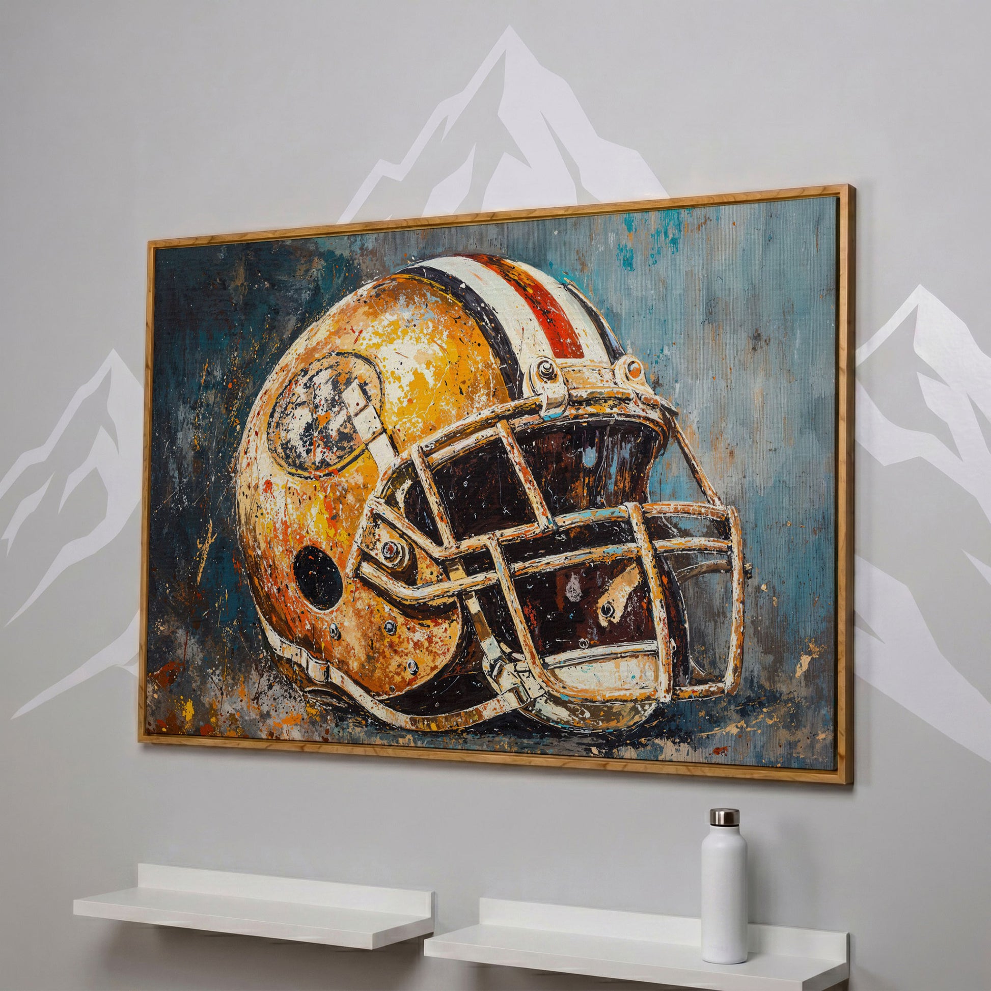 Football Helmet Canvas Print in Mustard & Teal in white oak floating frame