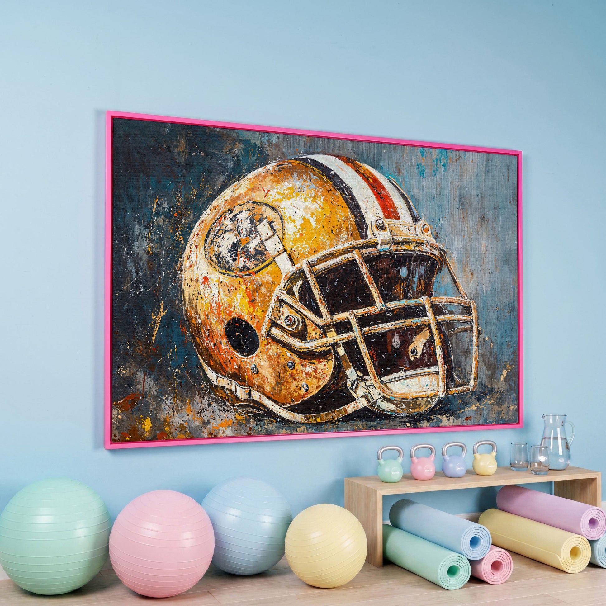 Football Helmet Canvas Print in Mustard & Teal in pink floating frame