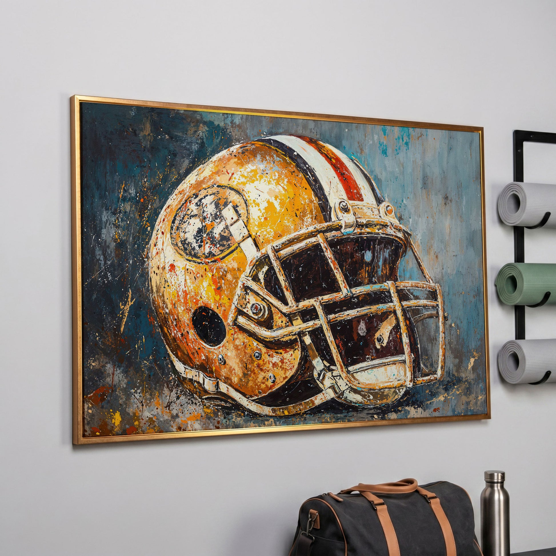 Football Helmet Canvas Print in Mustard & Teal in rose gold floating frame