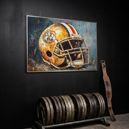 Football Helmet Canvas Print in Mustard & Teal in silver floating frame