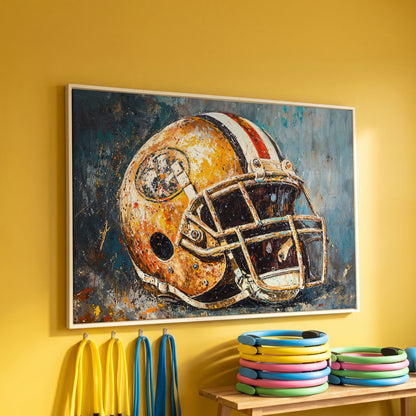 Football Helmet Canvas Print in Mustard & Teal in white floating frame