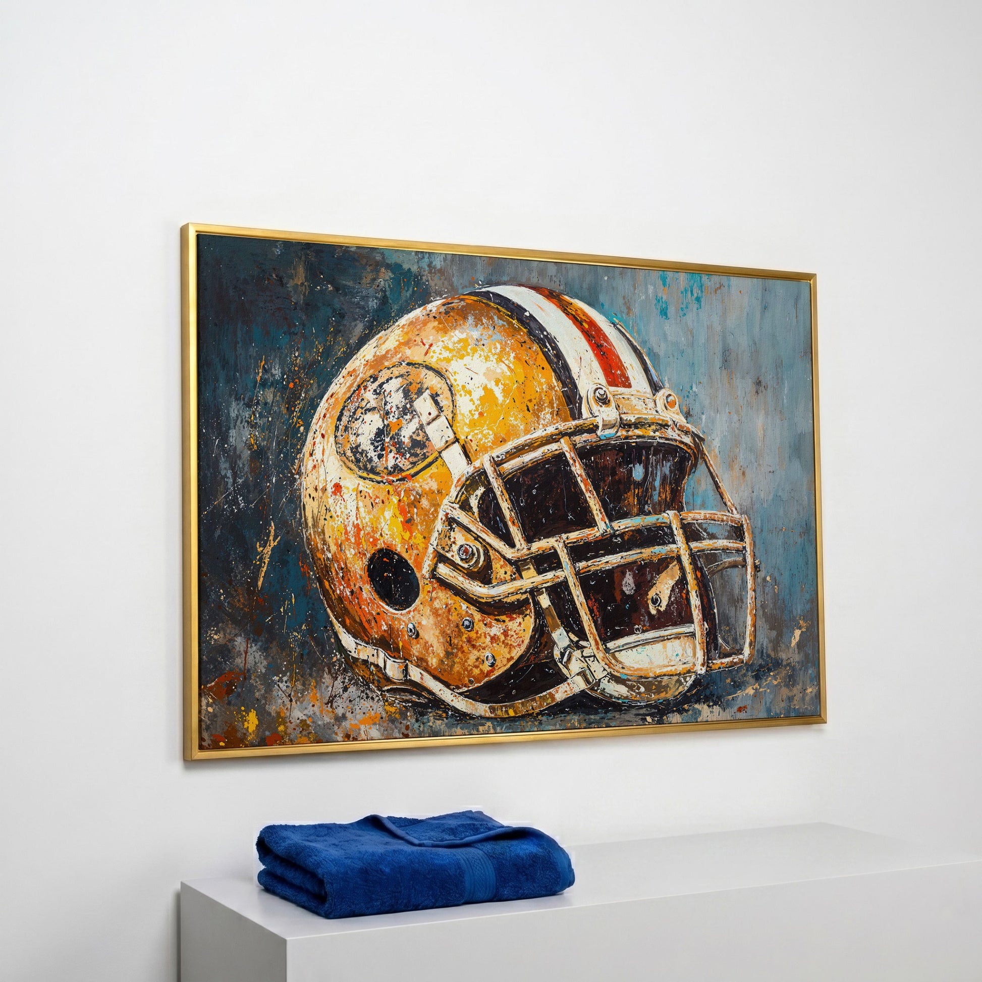 Football Helmet Canvas Print in Mustard & Teal in yellow gold floating frame