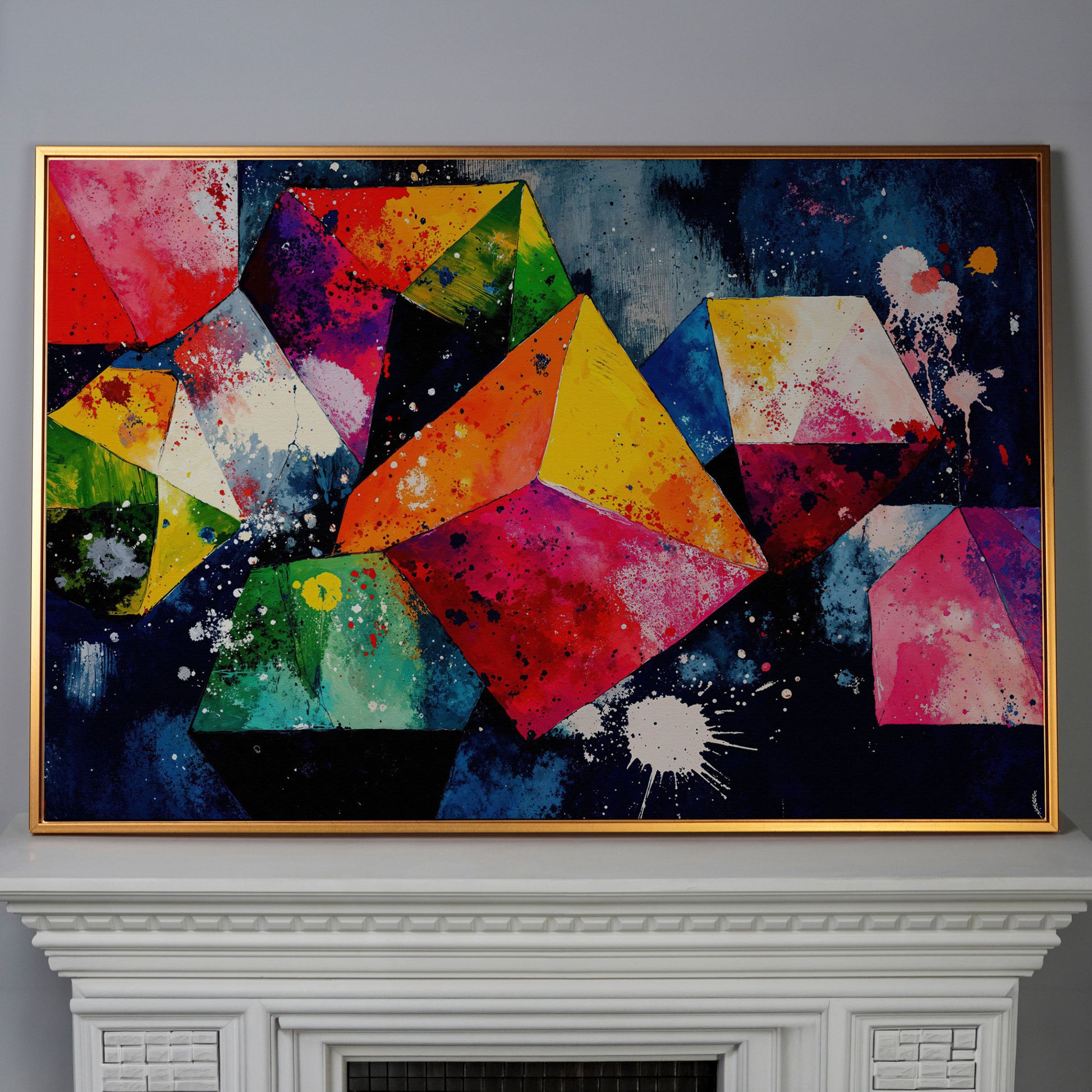Colorful Geometric Shapes Canvas Print in antique gold floating frame