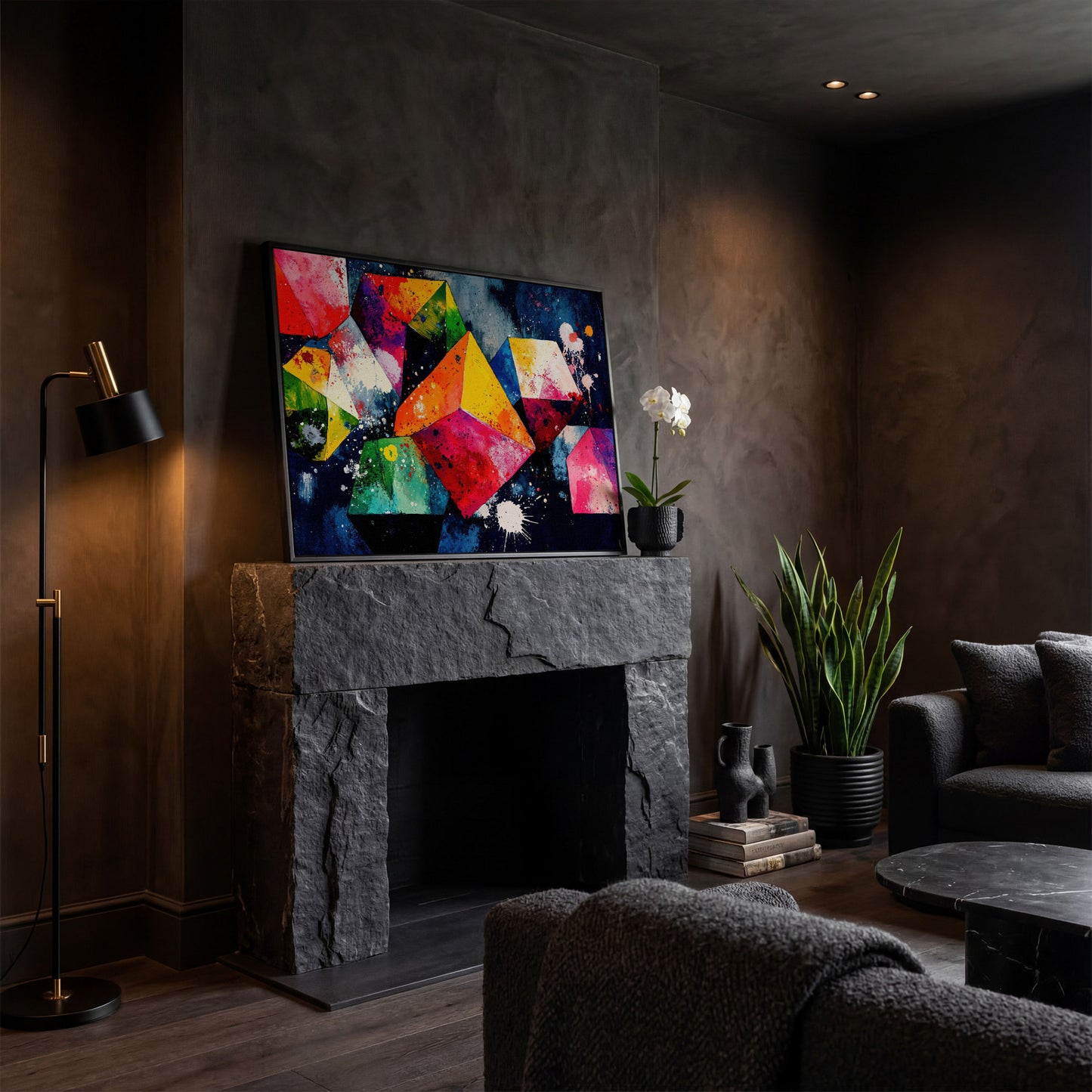 Colorful Geometric Shapes Canvas Print in black floating frame