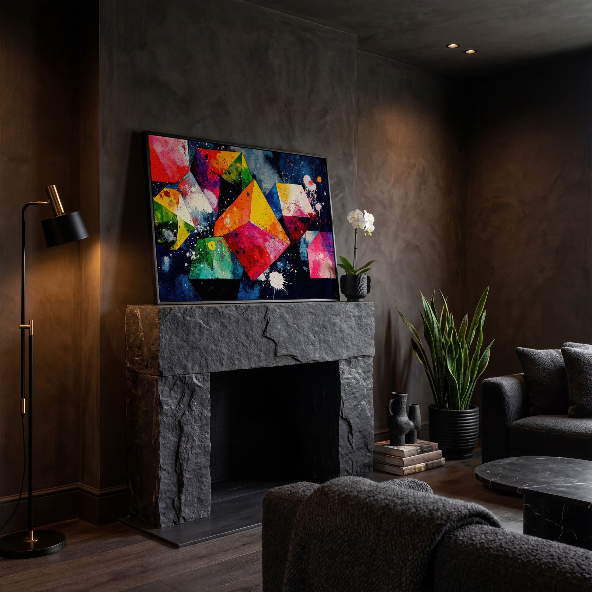 Colorful Geometric Shapes Canvas Print in black floating frame