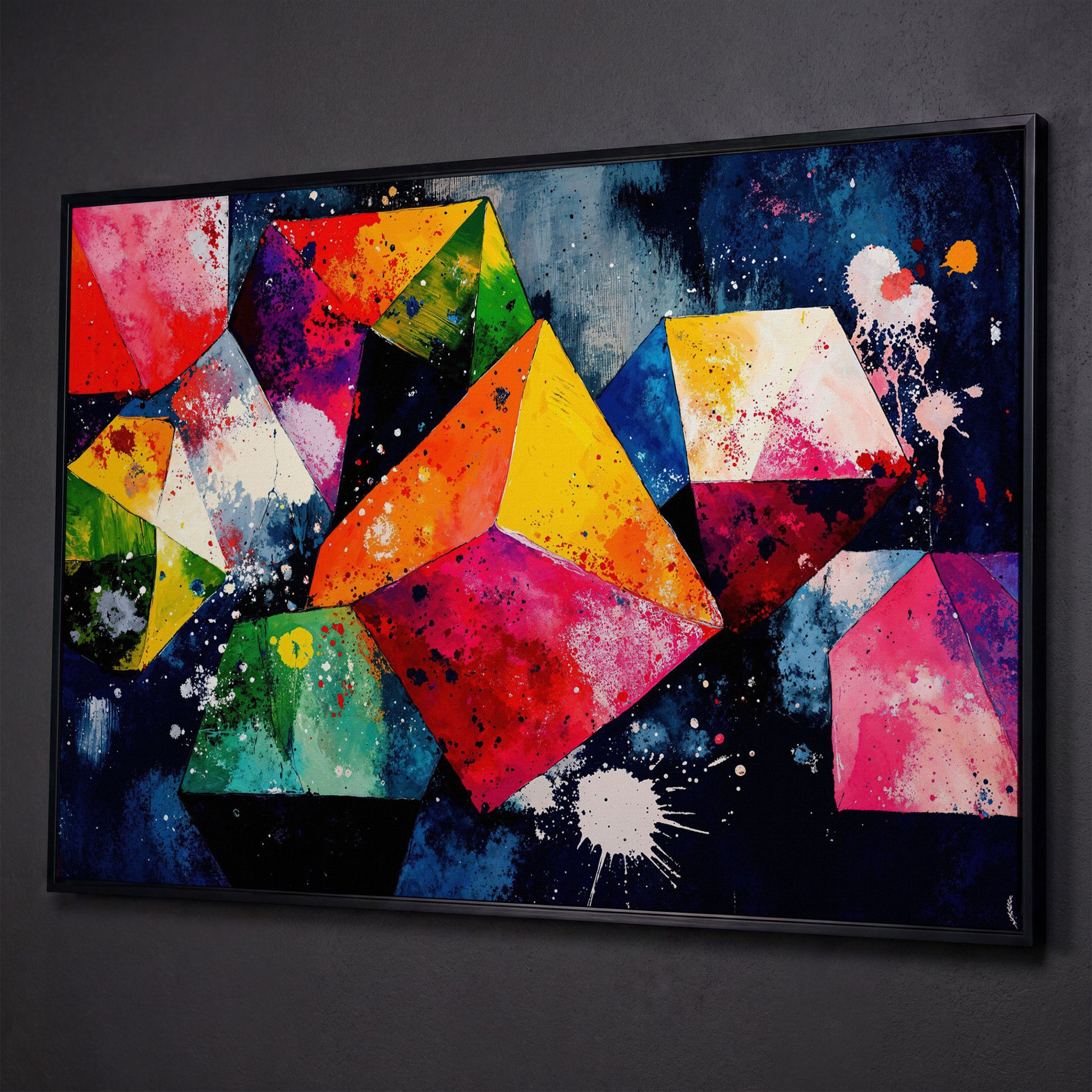 Colorful Geometric Shapes Canvas Print shown in black floating frame
