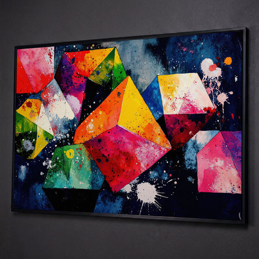 Colorful Geometric Shapes Canvas Print shown in black floating frame
