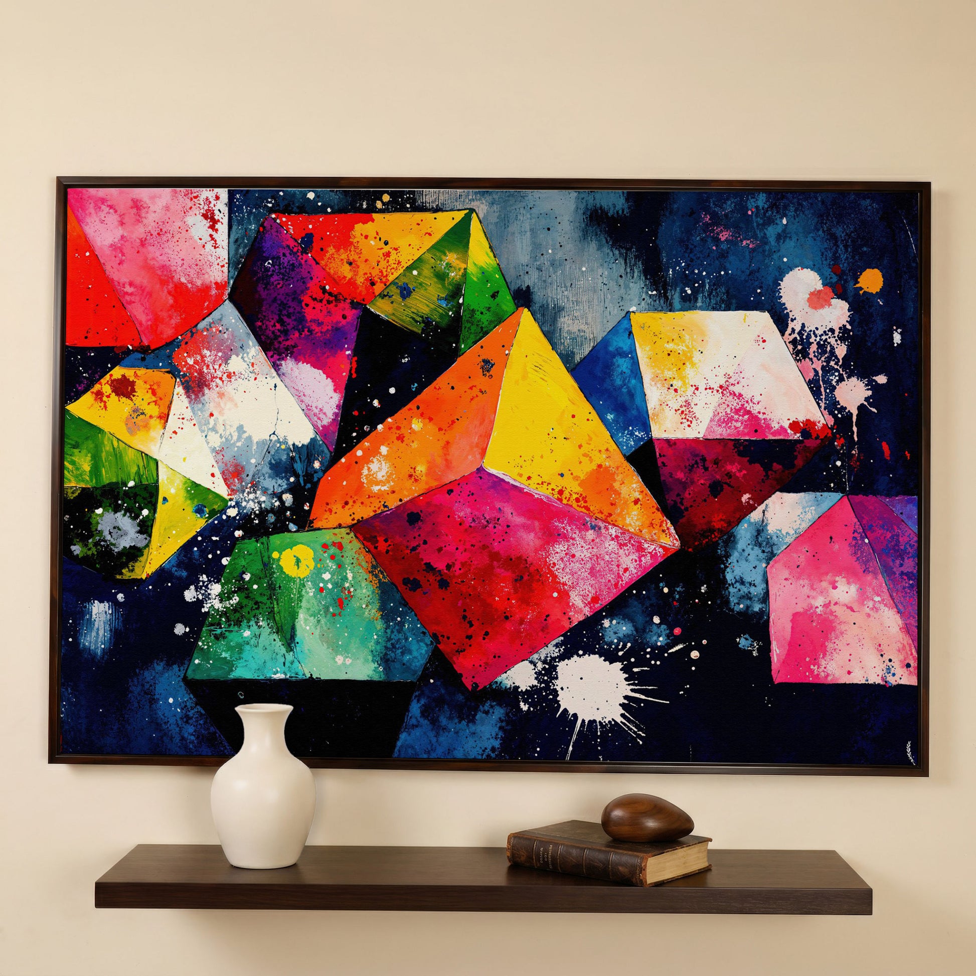 Colorful Geometric Shapes Canvas Print in dark walnut floating frame