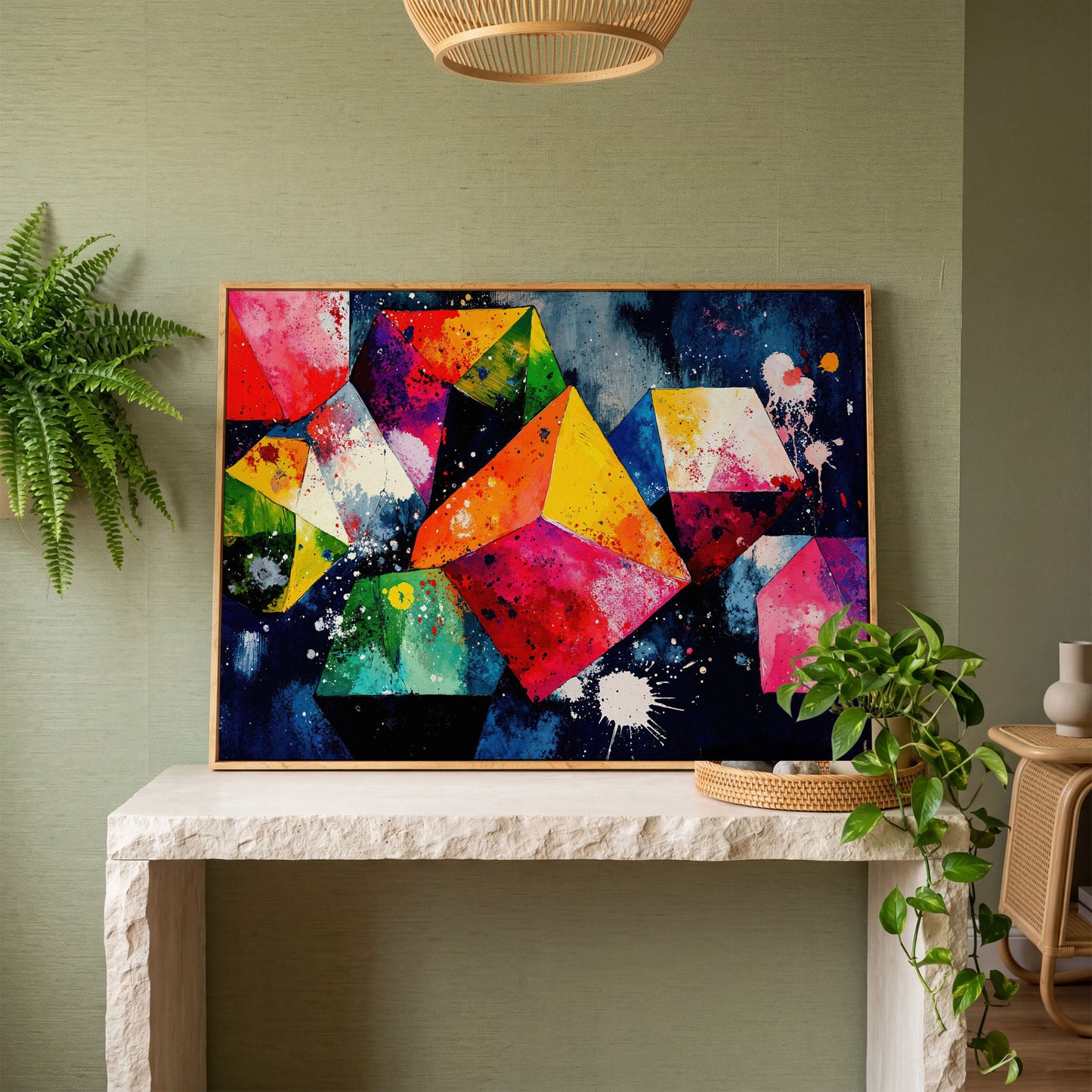 Colorful Geometric Shapes Canvas Print in white oak floating frame