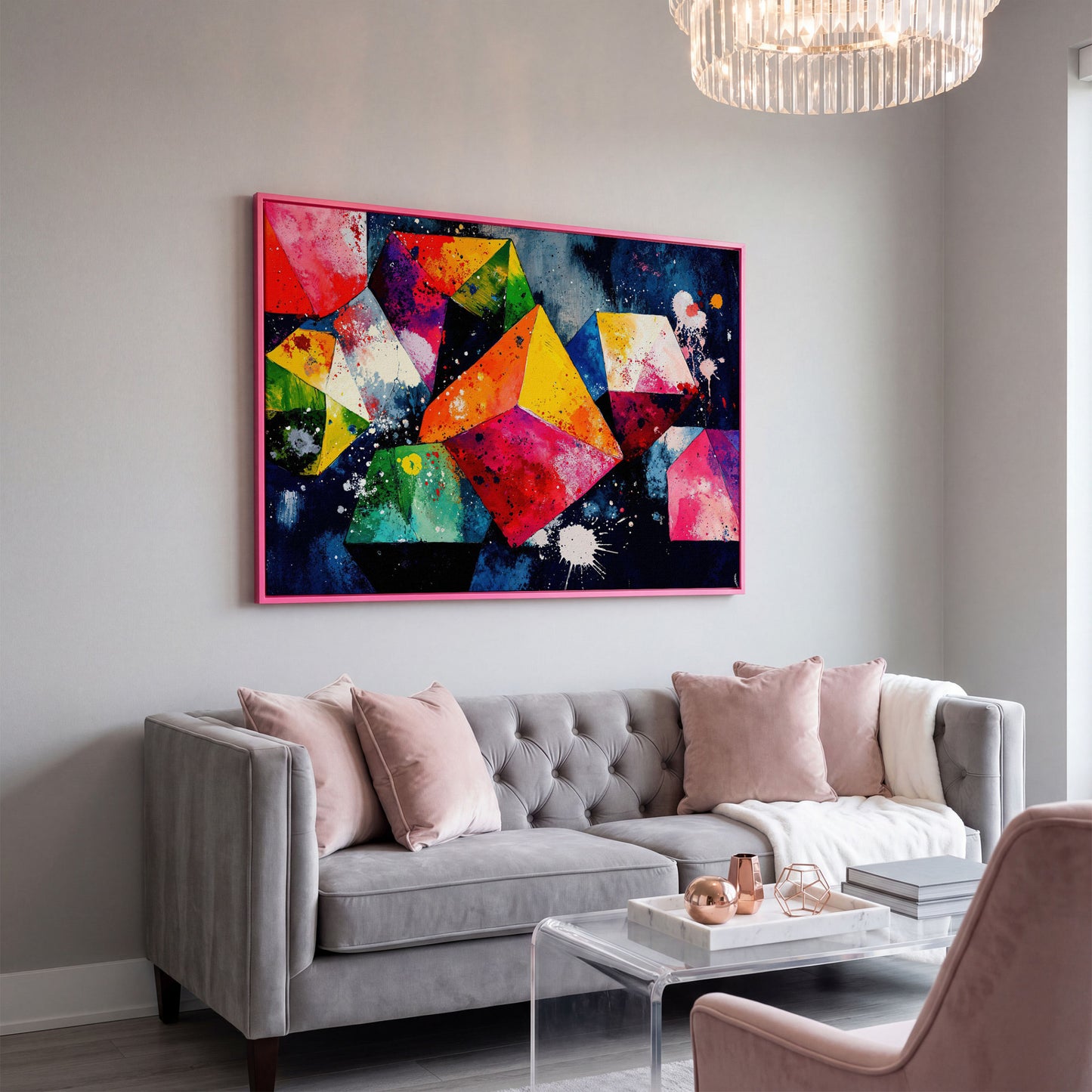 Colorful Geometric Shapes Canvas Print in pink floating frame
