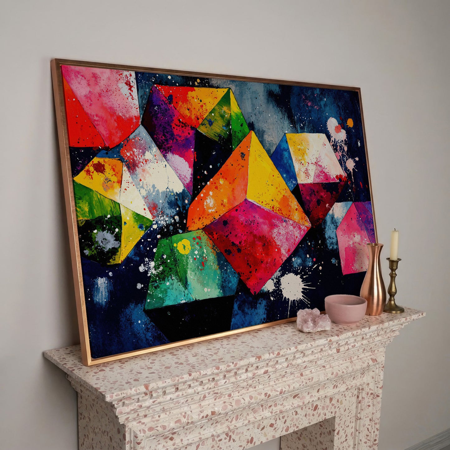 Colorful Geometric Shapes Canvas Print in rose gold floating frame