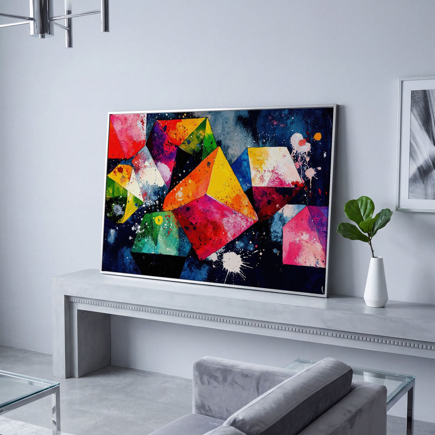 Colorful Geometric Shapes Canvas Print in silver floating frame