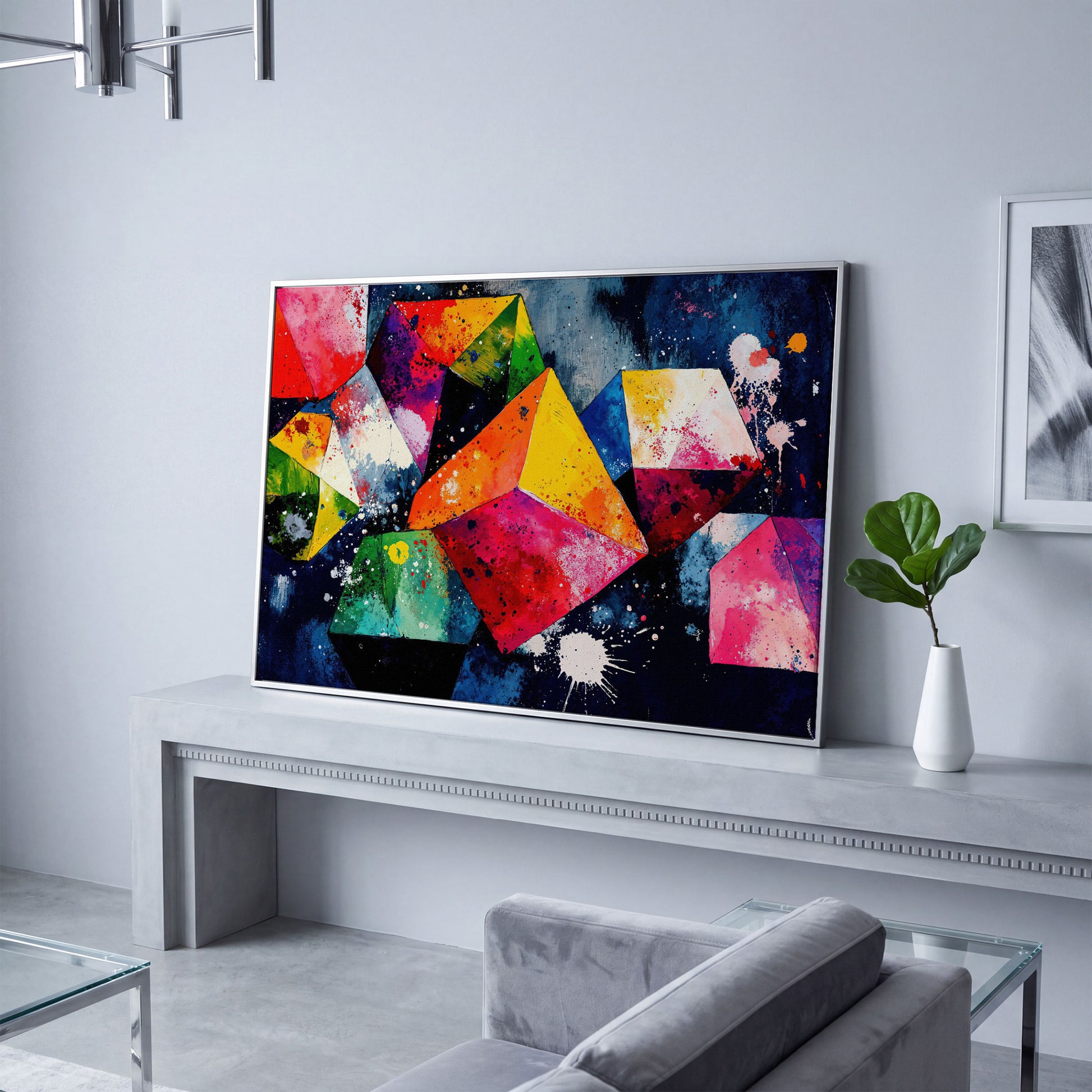 Colorful Geometric Shapes Canvas Print in silver floating frame