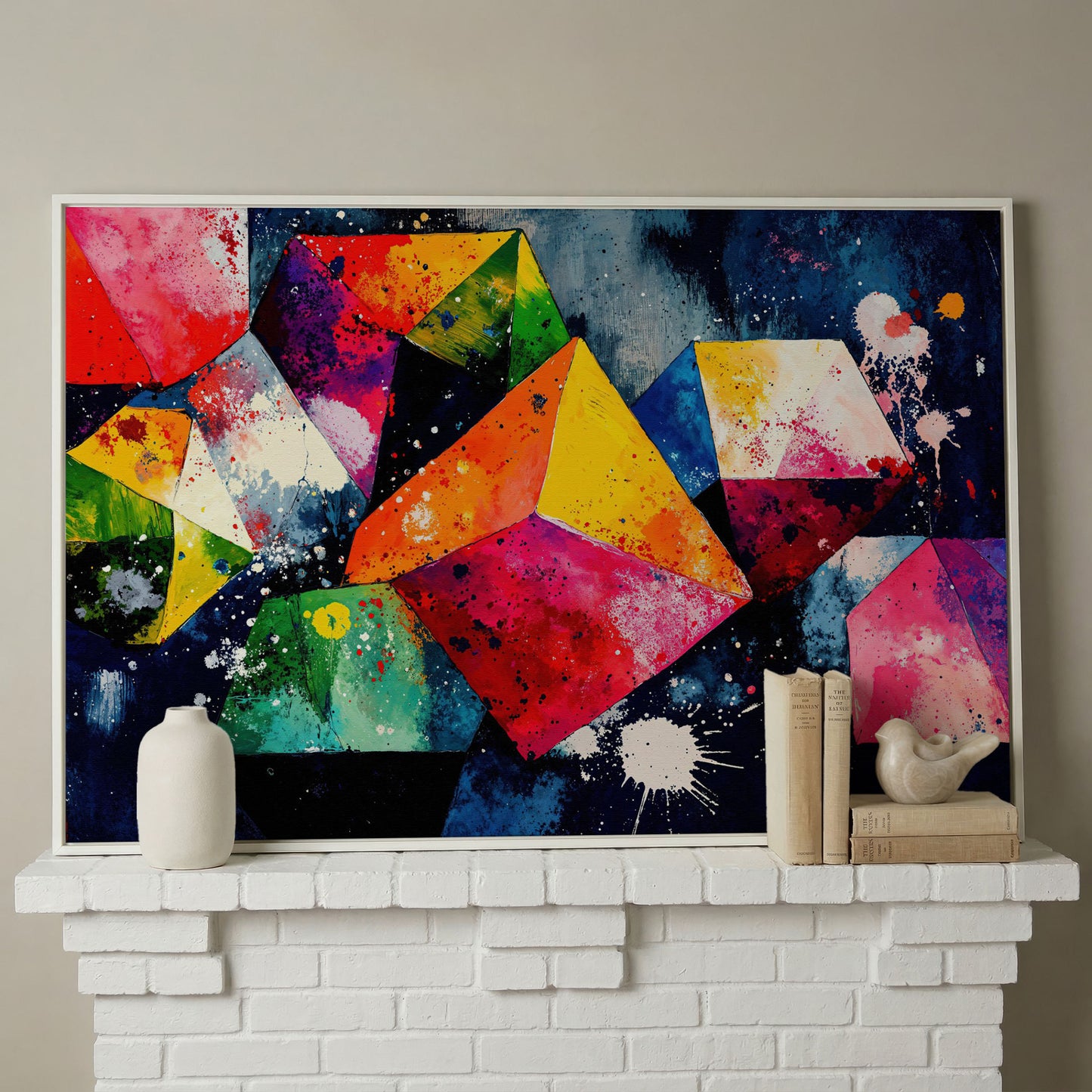 Colorful Geometric Shapes Canvas Print in white floating frame