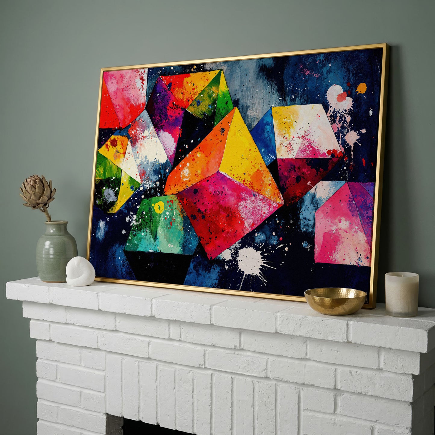 Colorful Geometric Shapes Canvas Print in yellow gold floating frame