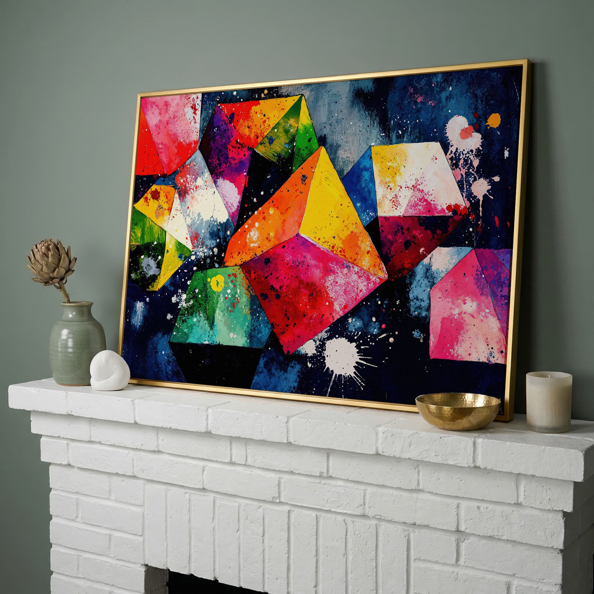 Colorful Geometric Shapes Canvas Print in yellow gold floating frame