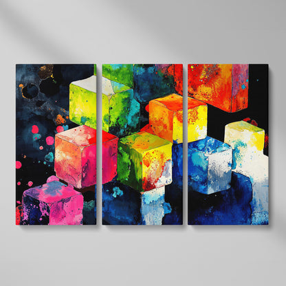 Vibrant Colorful Cubes Abstract Canvas as 3-panel split version