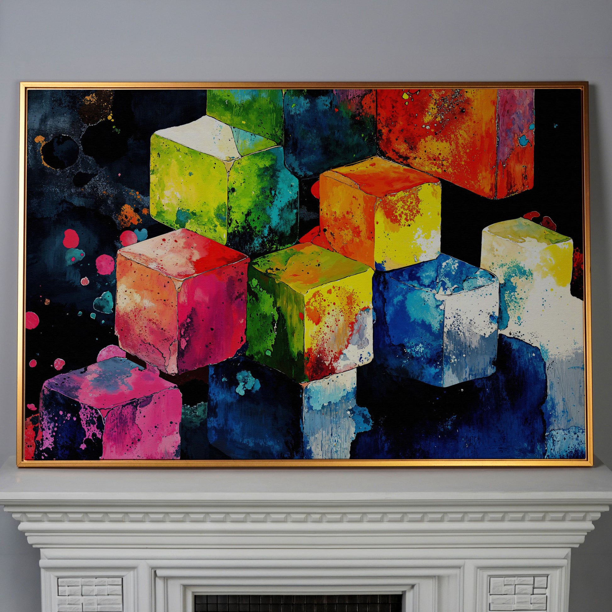 Vibrant Colorful Cubes Abstract Canvas in antique gold floating frame