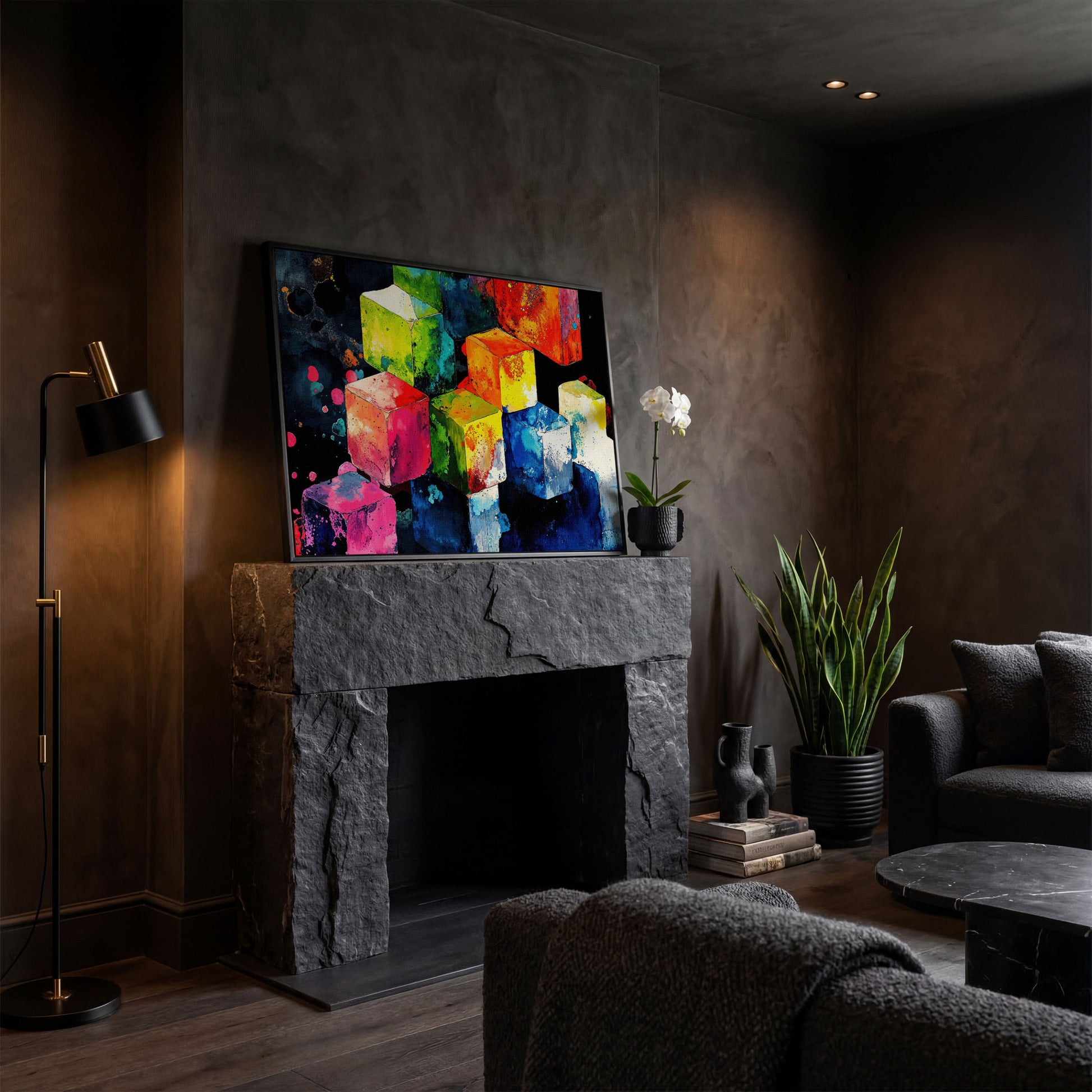 Vibrant Colorful Cubes Abstract Canvas in black floating frame
