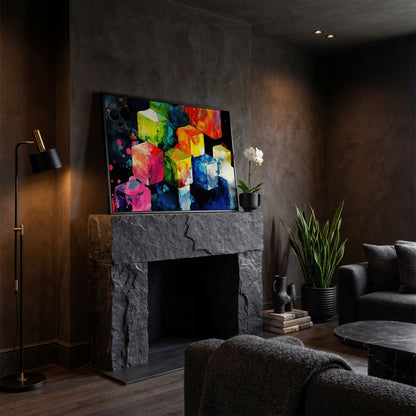 Vibrant Colorful Cubes Abstract Canvas in black floating frame