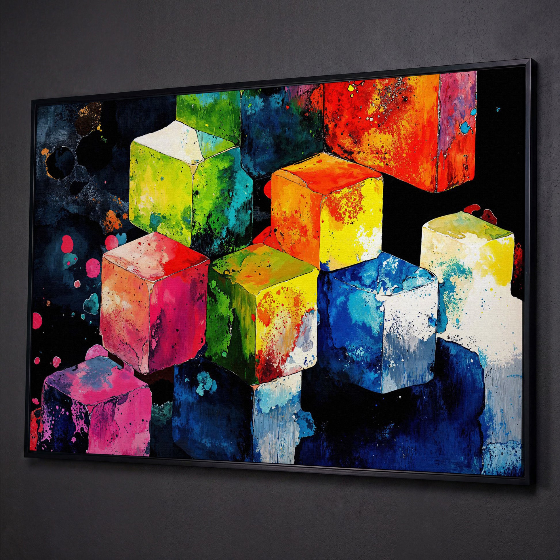 Vibrant Colorful Cubes Abstract Canvas shown in black floating frame