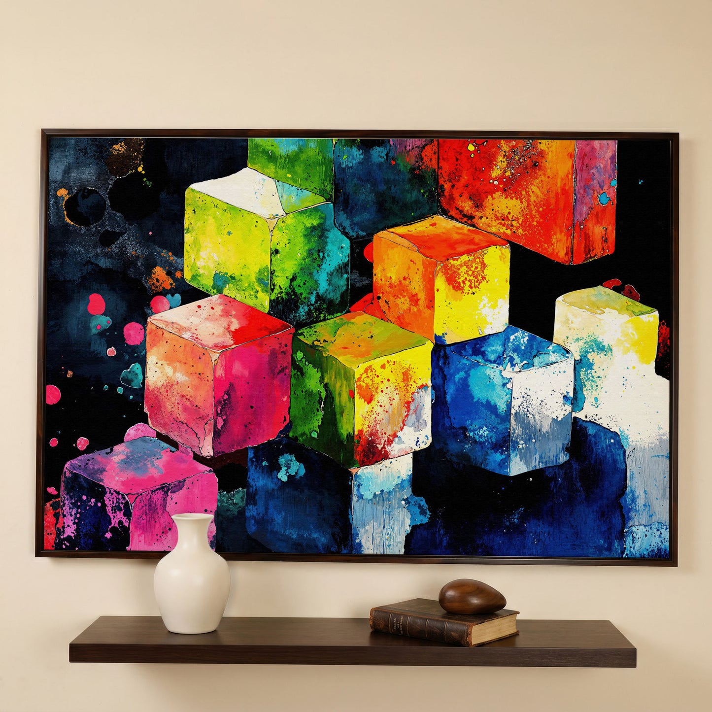Vibrant Colorful Cubes Abstract Canvas in dark walnut floating frame