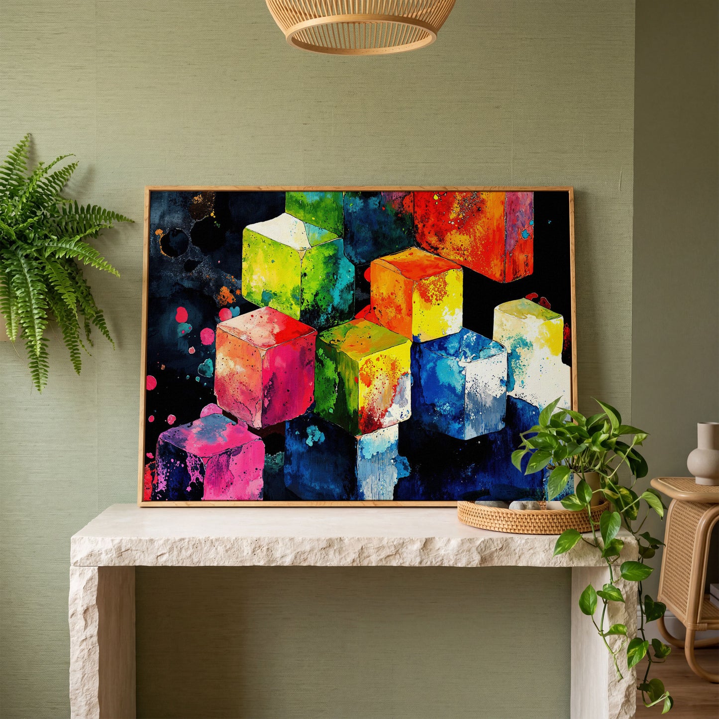 Vibrant Colorful Cubes Abstract Canvas in white oak floating frame
