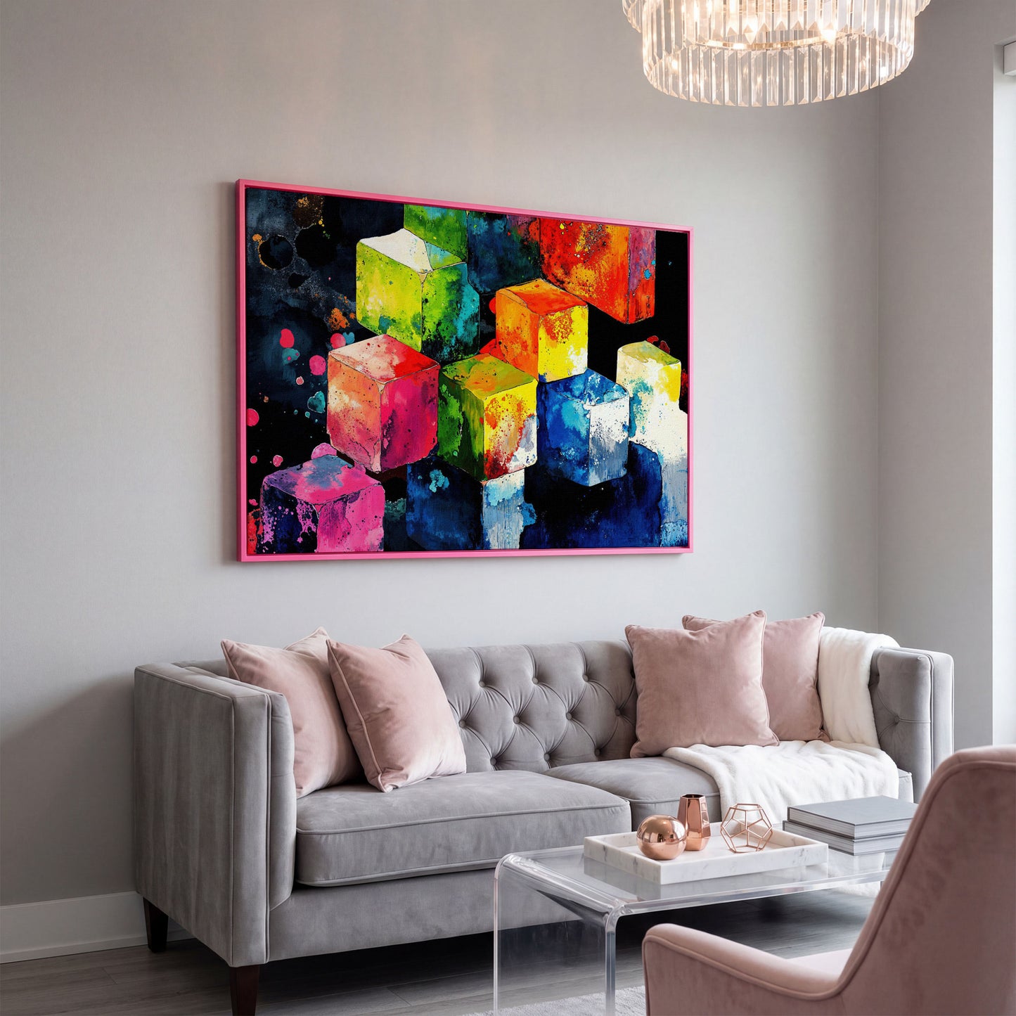 Vibrant Colorful Cubes Abstract Canvas in pink floating frame