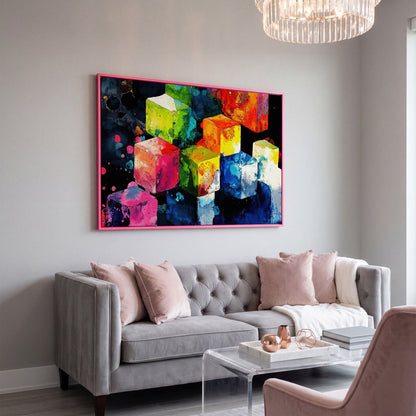 Vibrant Colorful Cubes Abstract Canvas in pink floating frame