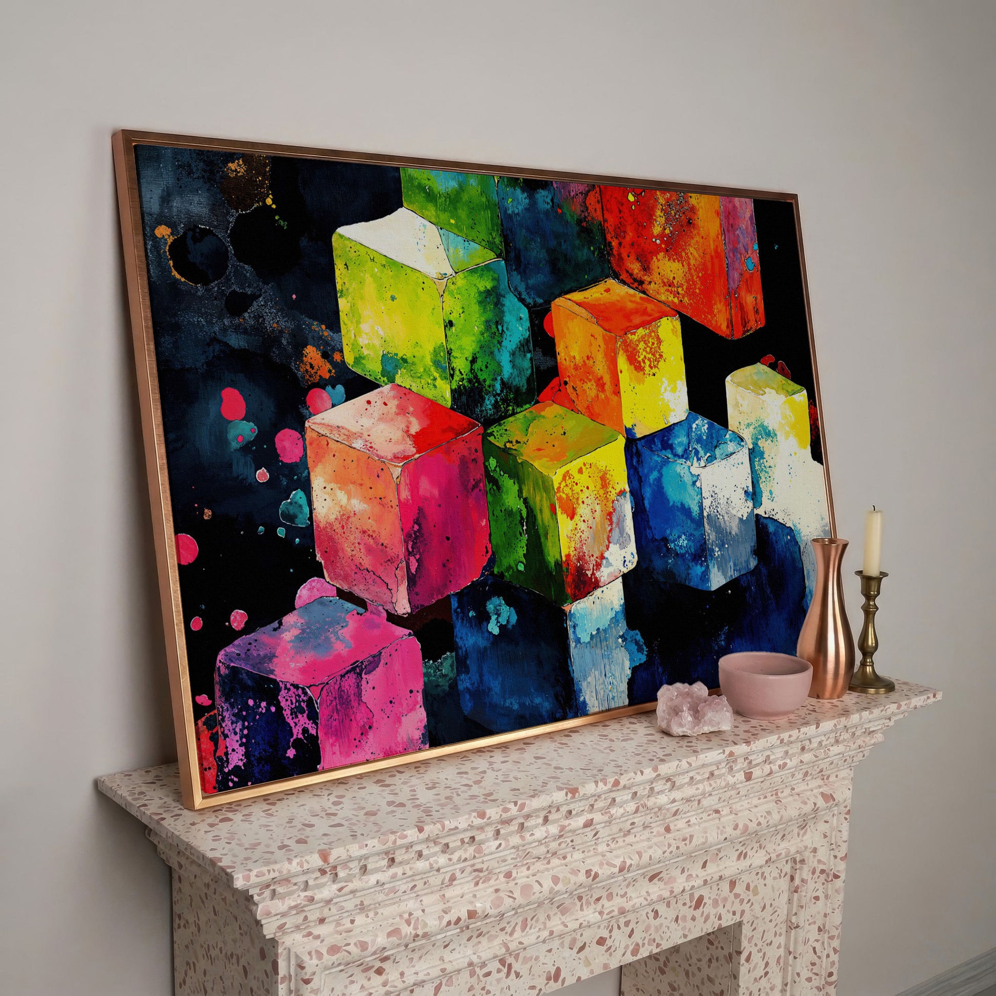 Vibrant Colorful Cubes Abstract Canvas in rose gold floating frame