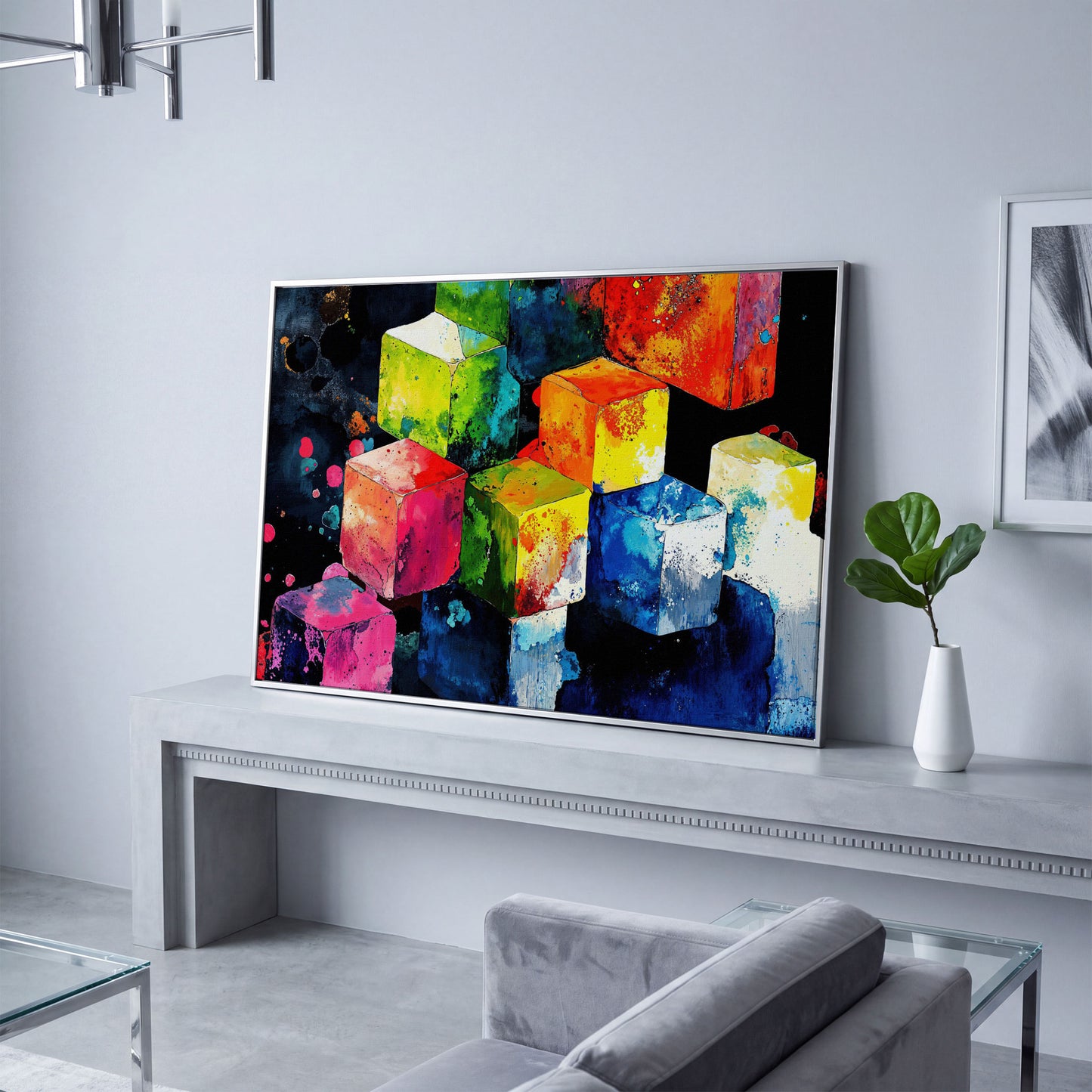 Vibrant Colorful Cubes Abstract Canvas in silver floating frame