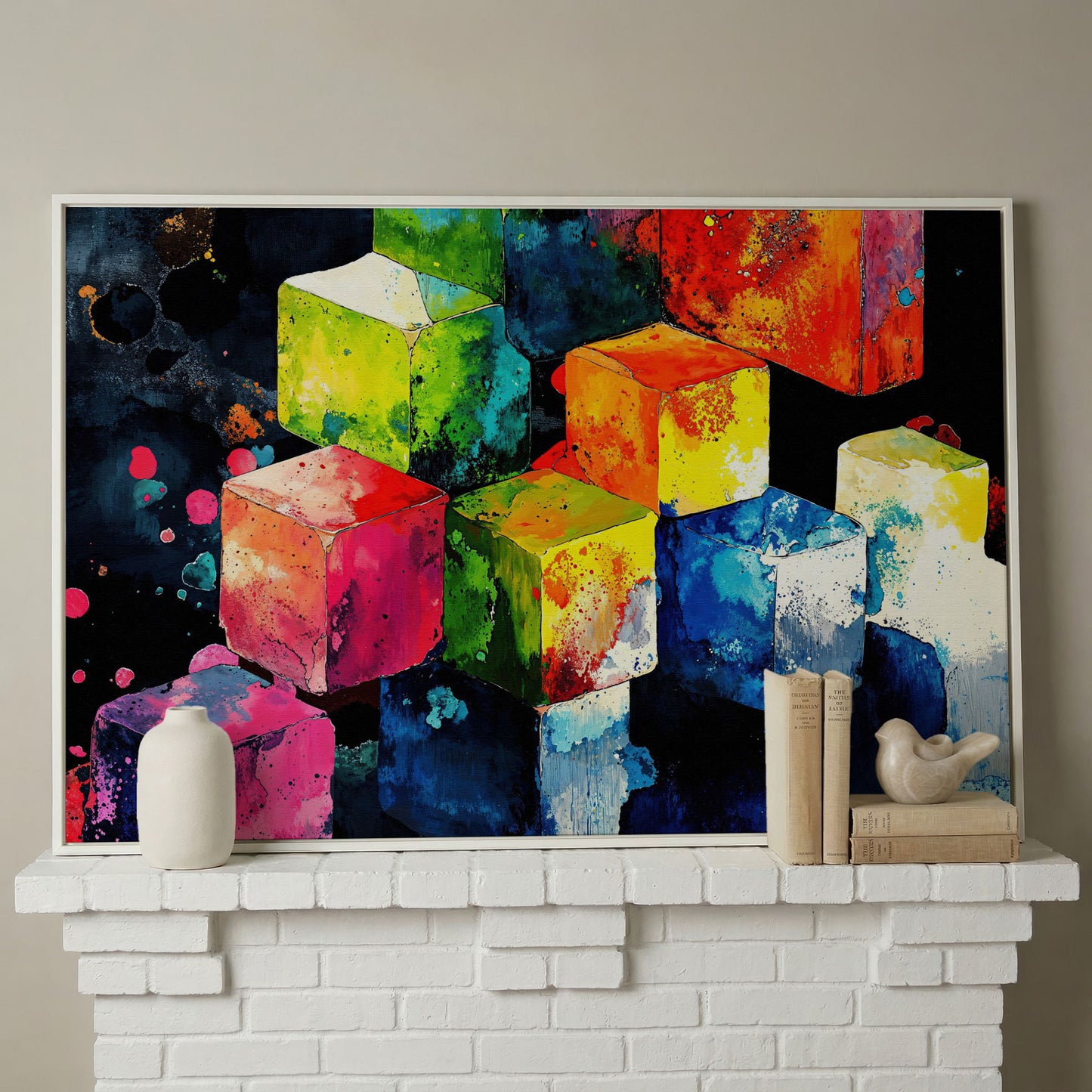 Vibrant Colorful Cubes Abstract Canvas in white floating frame