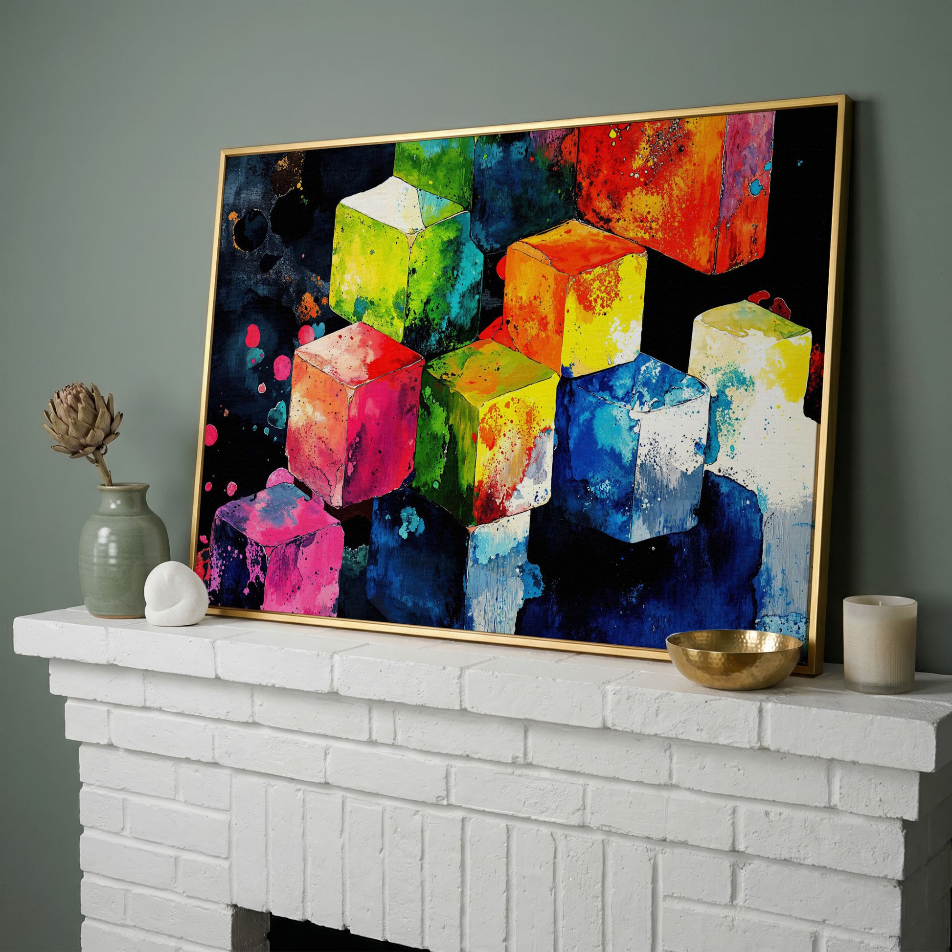 Vibrant Colorful Cubes Abstract Canvas in yellow gold floating frame