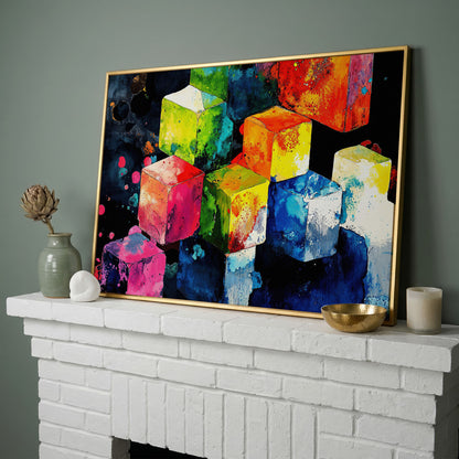 Vibrant Colorful Cubes Abstract Canvas in yellow gold floating frame