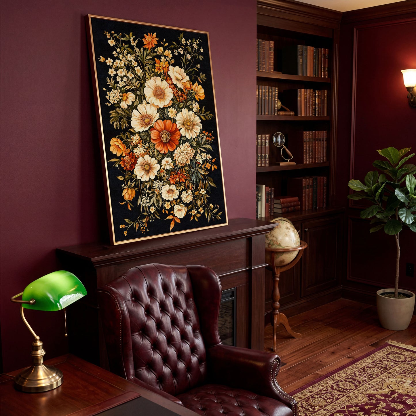 William Morris Floral Canvas Print in Sienna and Olive in antique gold floating frame