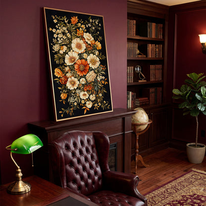 William Morris Floral Canvas Print in Sienna and Olive in antique gold floating frame