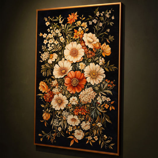 William Morris Floral Canvas Print in Sienna and Olive shown in antique gold floating frame