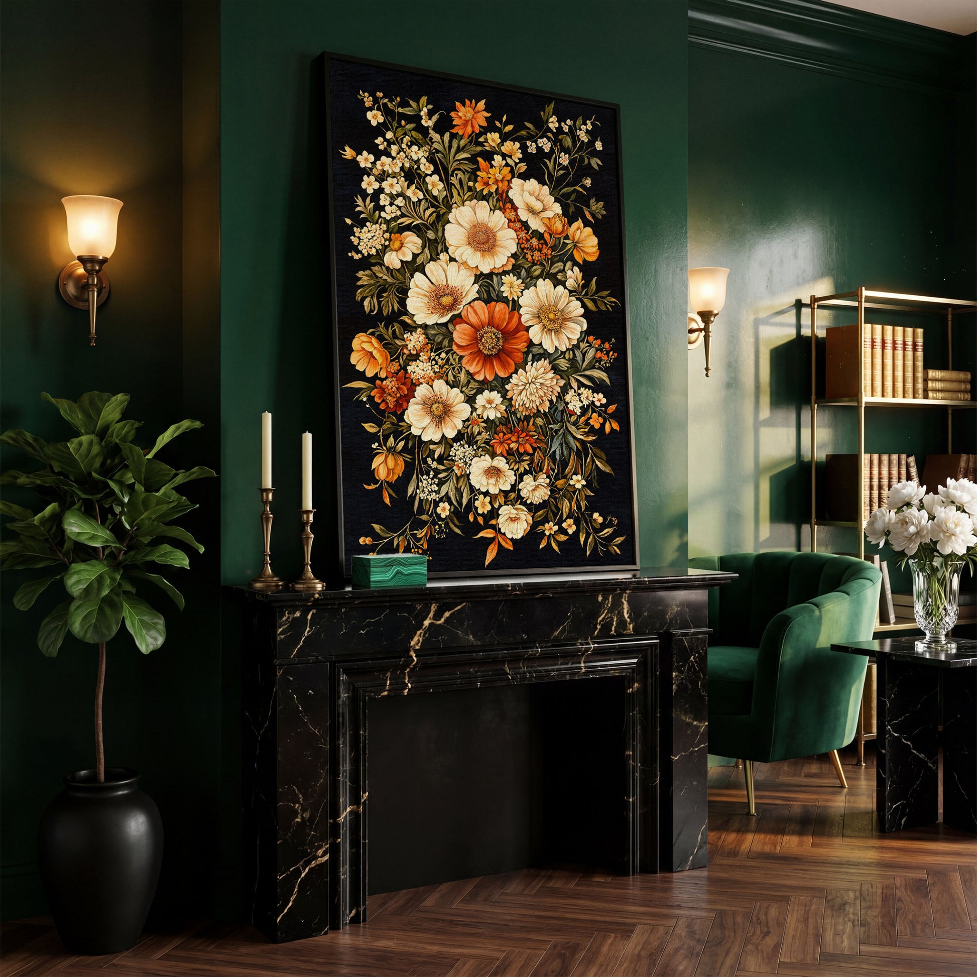 William Morris Floral Canvas Print in Sienna and Olive in black floating frame