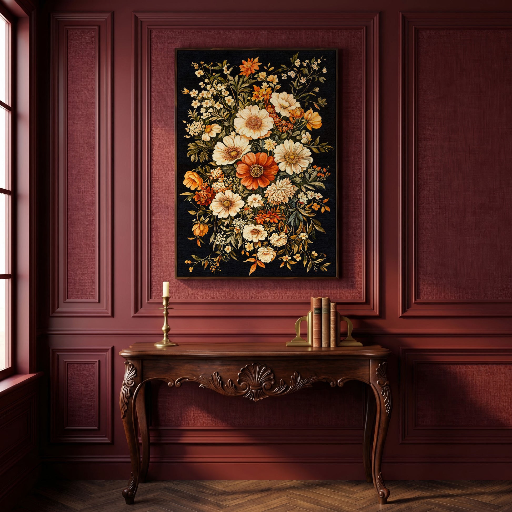 William Morris Floral Canvas Print in Sienna and Olive in dark walnut floating frame