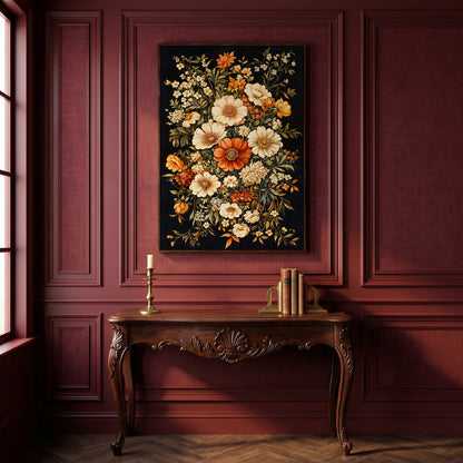 William Morris Floral Canvas Print in Sienna and Olive in dark walnut floating frame