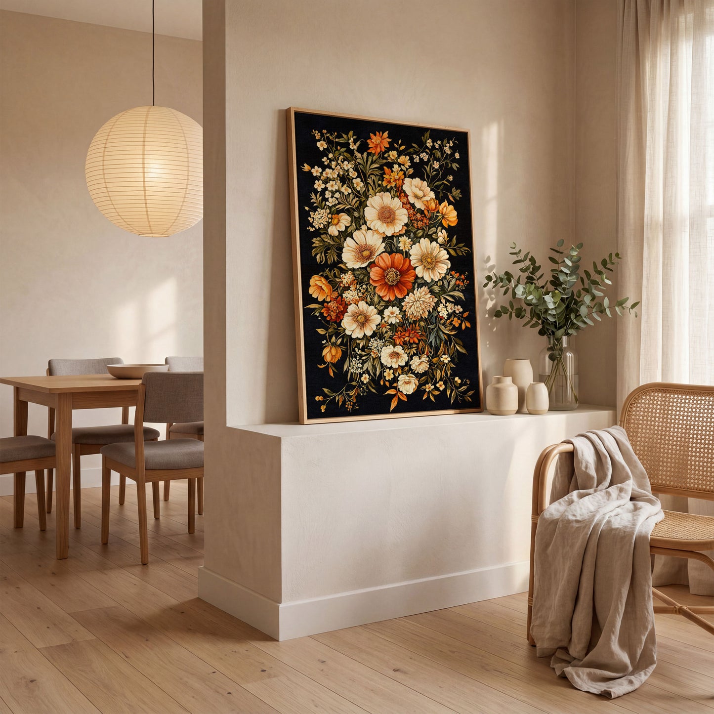 William Morris Floral Canvas Print in Sienna and Olive in white oak floating frame