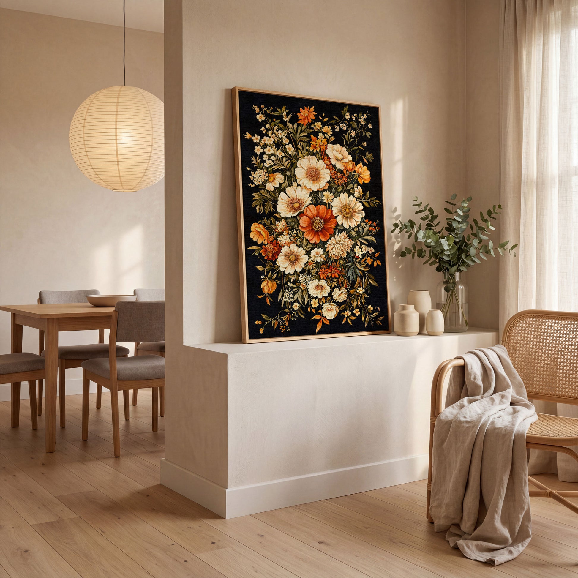 William Morris Floral Canvas Print in Sienna and Olive in white oak floating frame