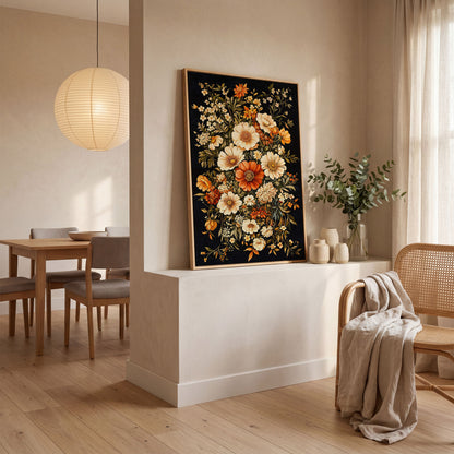 William Morris Floral Canvas Print in Sienna and Olive in white oak floating frame