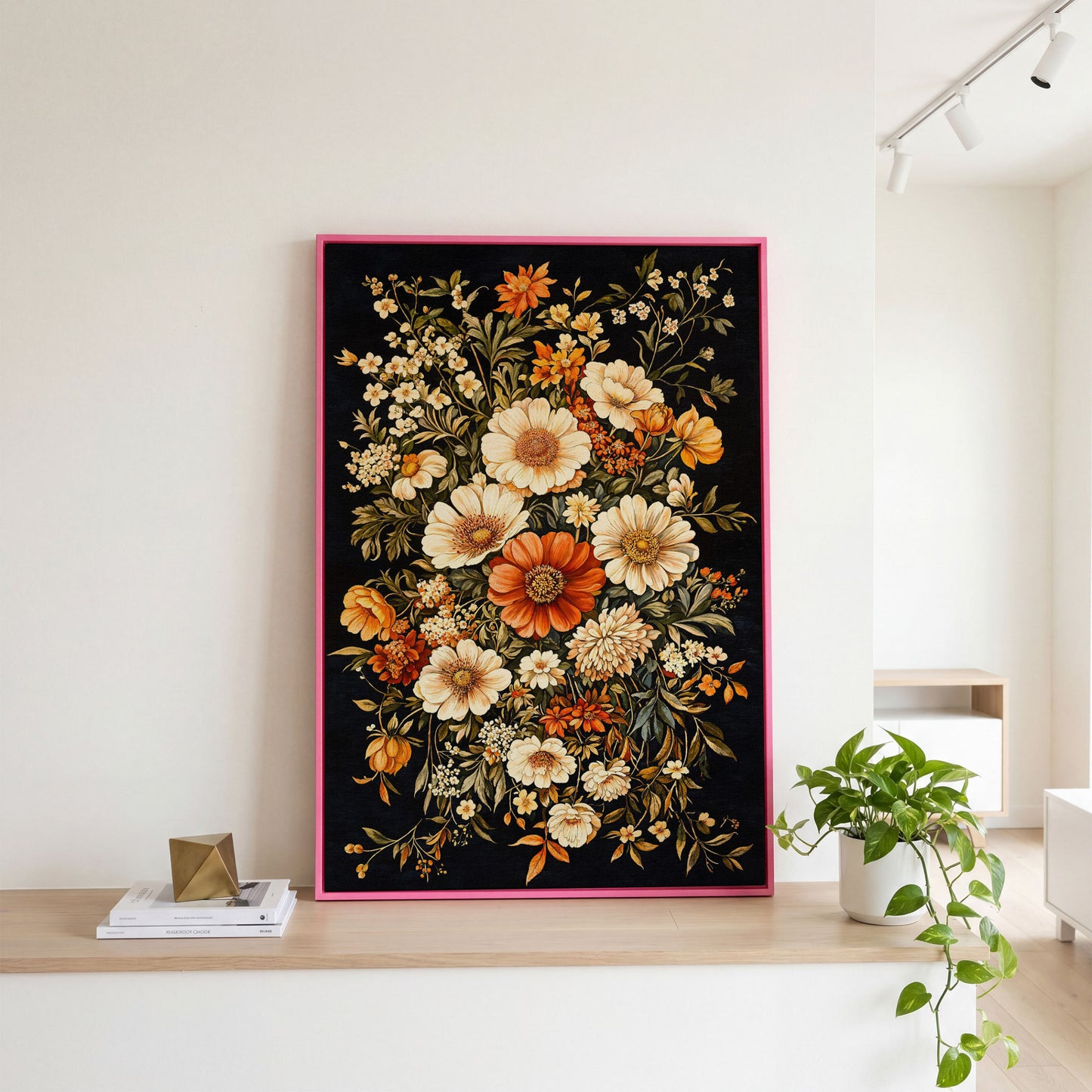 William Morris Floral Canvas Print in Sienna and Olive in pink floating frame