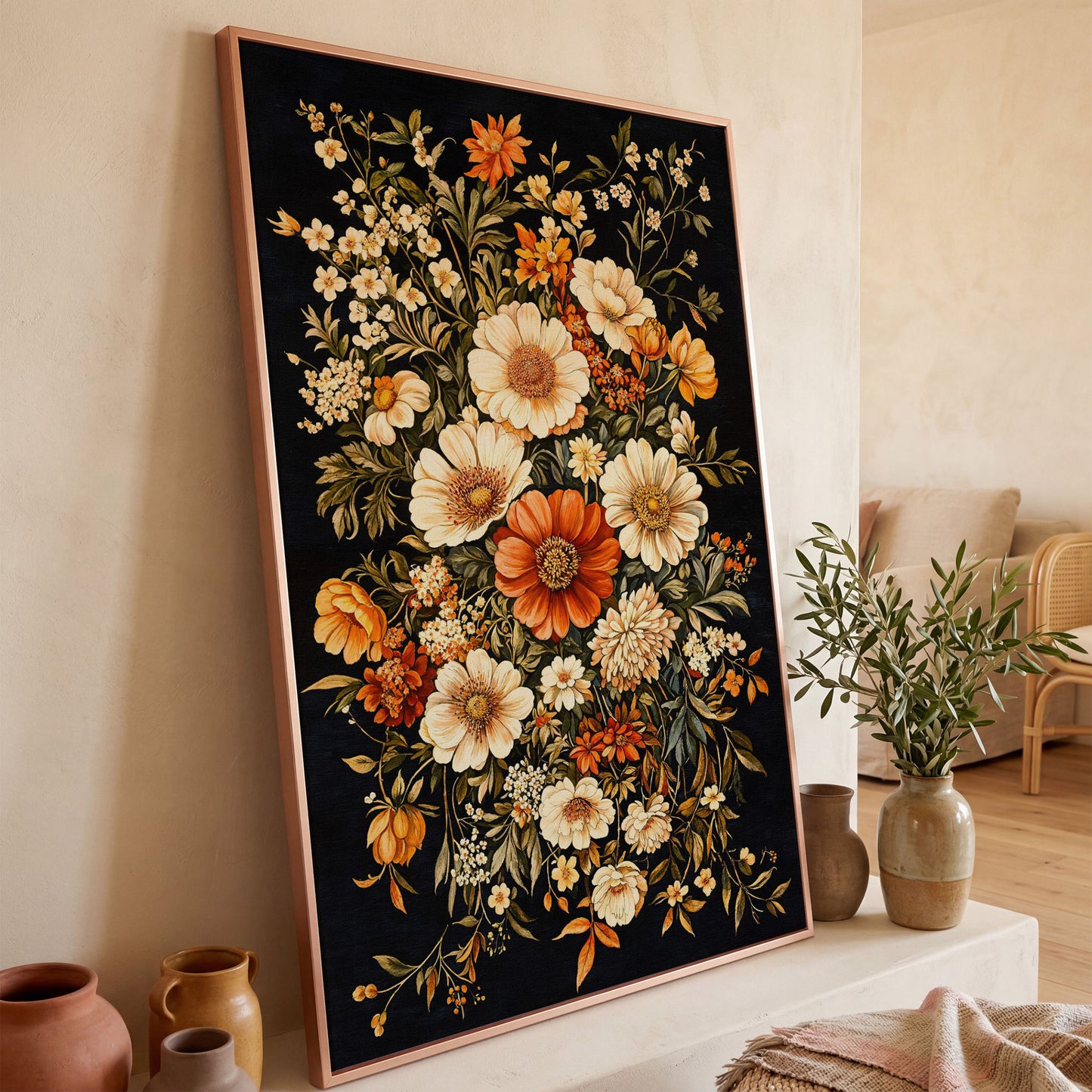 William Morris Floral Canvas Print in Sienna and Olive in rose gold floating frame