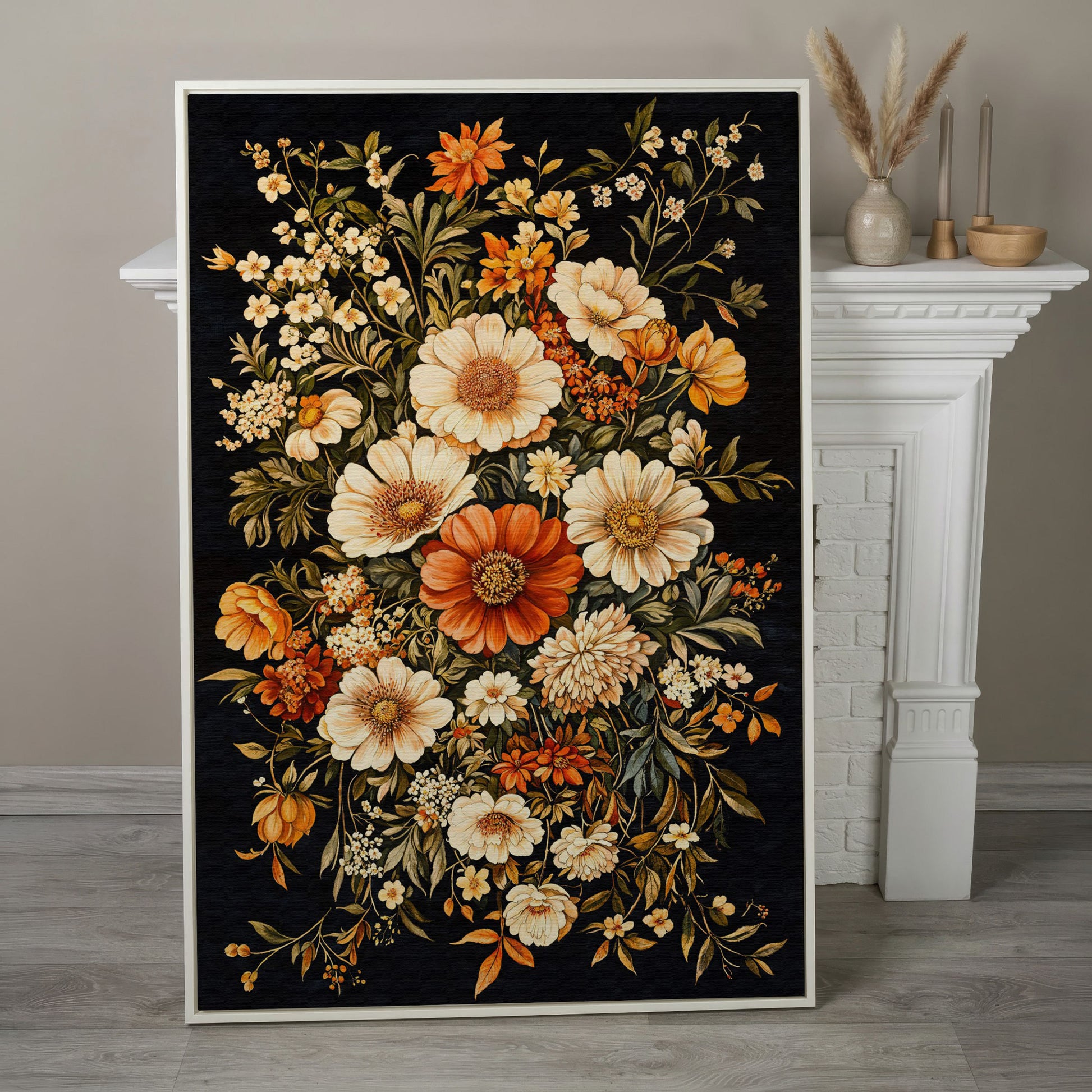 William Morris Floral Canvas Print in Sienna and Olive in white floating frame